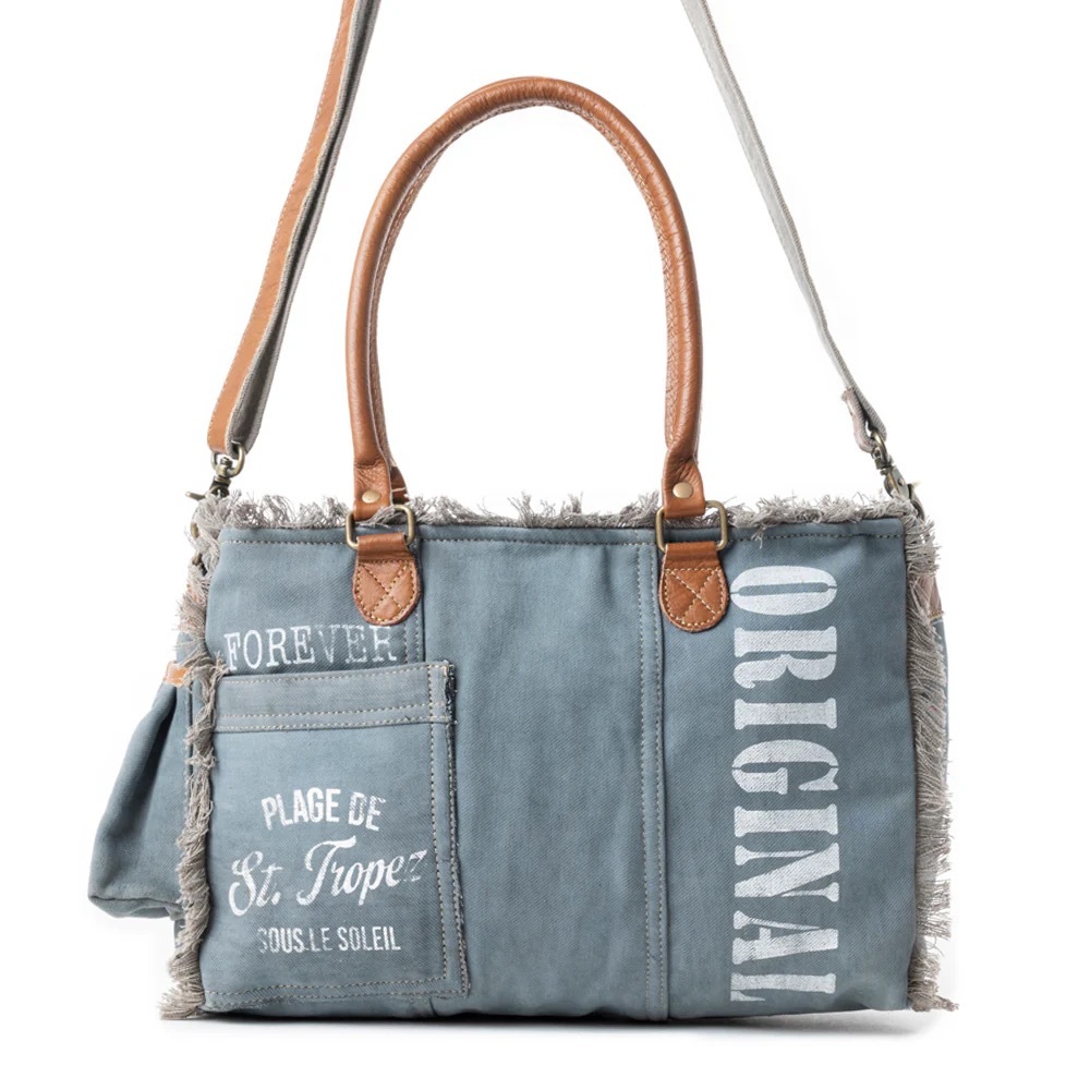 Stylish Blue and Tan Handbag